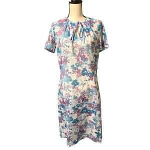 Vintage Blue Purple Floral Tie Front Short Sleeve Midi Dress